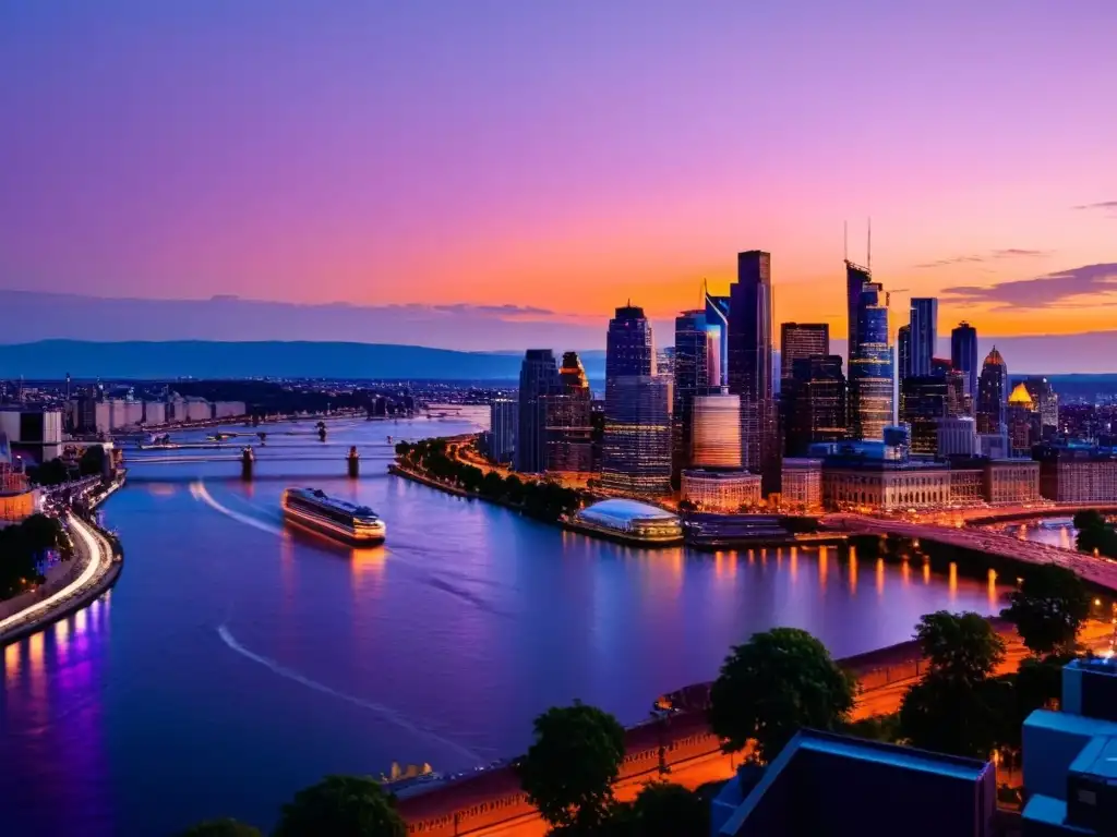 Horizonte urbano al anochecer: energía y sofisticación Vista panorámica de una ciudad vibrante al anochecer, con luces de la ciudad reflejadas en el río