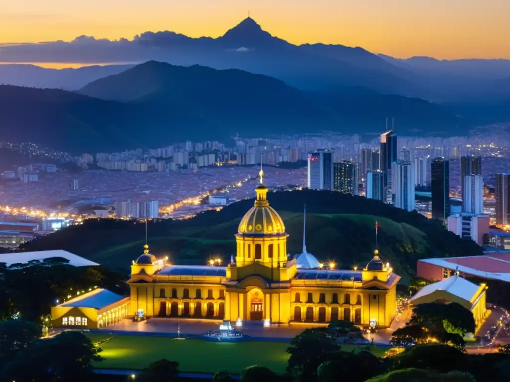 Esplendor moderno: Atardecer en el Congreso Colombiano Vista panorámica del Congreso de Colombia al atardecer, iluminado, con moderna arquitectura, refleja progreso y modernidad en Bogotá implementación transparencia fiscal internacional Colombia