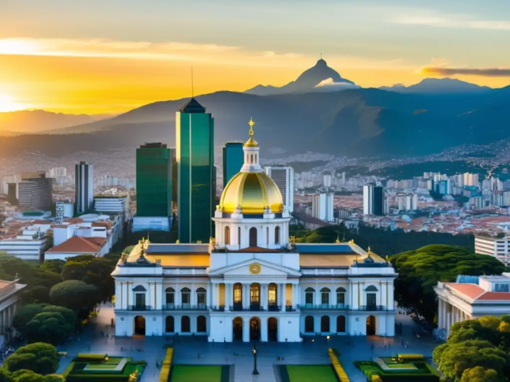 Puesta de sol en el Congreso Colombiano en Bogotá Vista panorámica del Congreso de Colombia al atardecer, con la luz dorada resaltando la arquitectura neoclásica y el bullicio urbano