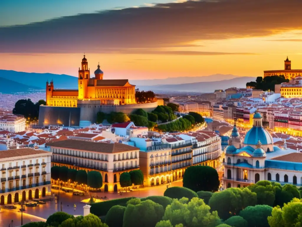 Horizonte urbano español: fusión de modernidad y tradición Vista panorámica detallada del paisaje fiscal español con modernos rascacielos y elementos arquitectónicos tradicionales
