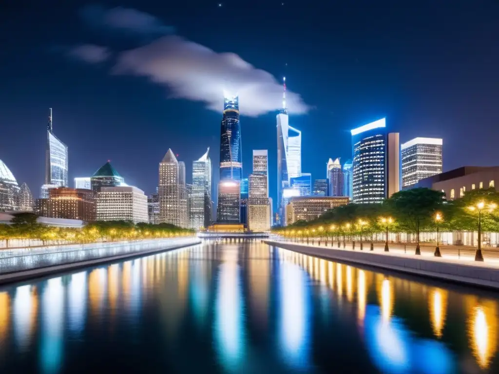 Horizonte financiero nocturno: luces y modernidad Vista panorámica de un distrito financiero moderno y elegante de noche, con rascacielos iluminados reflejándose en un río sereno