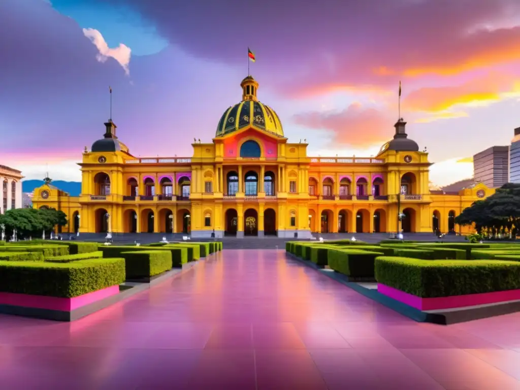 Atardecer dorado sobre el Congreso Colombiano en Bogotá Vista panorámica del edificio del Congreso de Colombia al atardecer, rodeado de exuberante vegetación, con un cielo vibrante en tonos cálidos