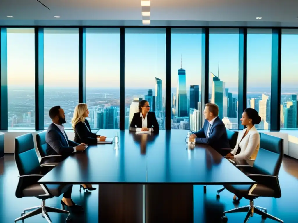 Sala de juntas corporativa de alto nivel con vista panorámica a la ciudad Vista panorámica de una elegante sala de juntas corporativa con una vibrante ciudad de fondo