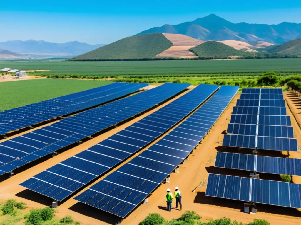Energía solar en el campo mexicano: innovación sostenible Vista panorámica de una granja solar en el campo mexicano, con paneles solares brillando bajo el cielo azul