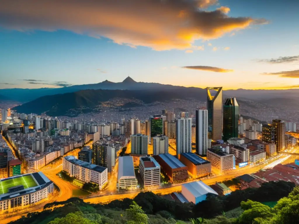 Esplendor urbano al atardecer: Panorámica de Bogotá Vista panorámica del horizonte de Bogotá al atardecer, con rascacielos modernos iluminados por la cálida luz y la energía vibrante de la ciudad