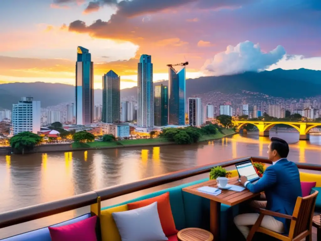 Panorama urbano al atardecer en Colombia: modernidad y negocios Una vista panorámica del horizonte de la ciudad de Colombia al atardecer, con las luces de la ciudad reflejándose en el agua de un río cercano