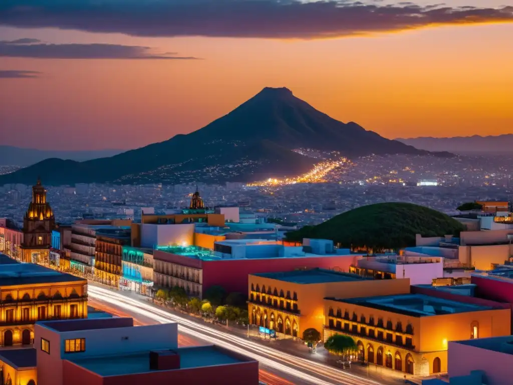 Horizonte urbano de México al anochecer: luces y arquitectura Vista panorámica impactante de la ciudad de México al anochecer, capturando la vitalidad urbana y el impacto del IVA en México
