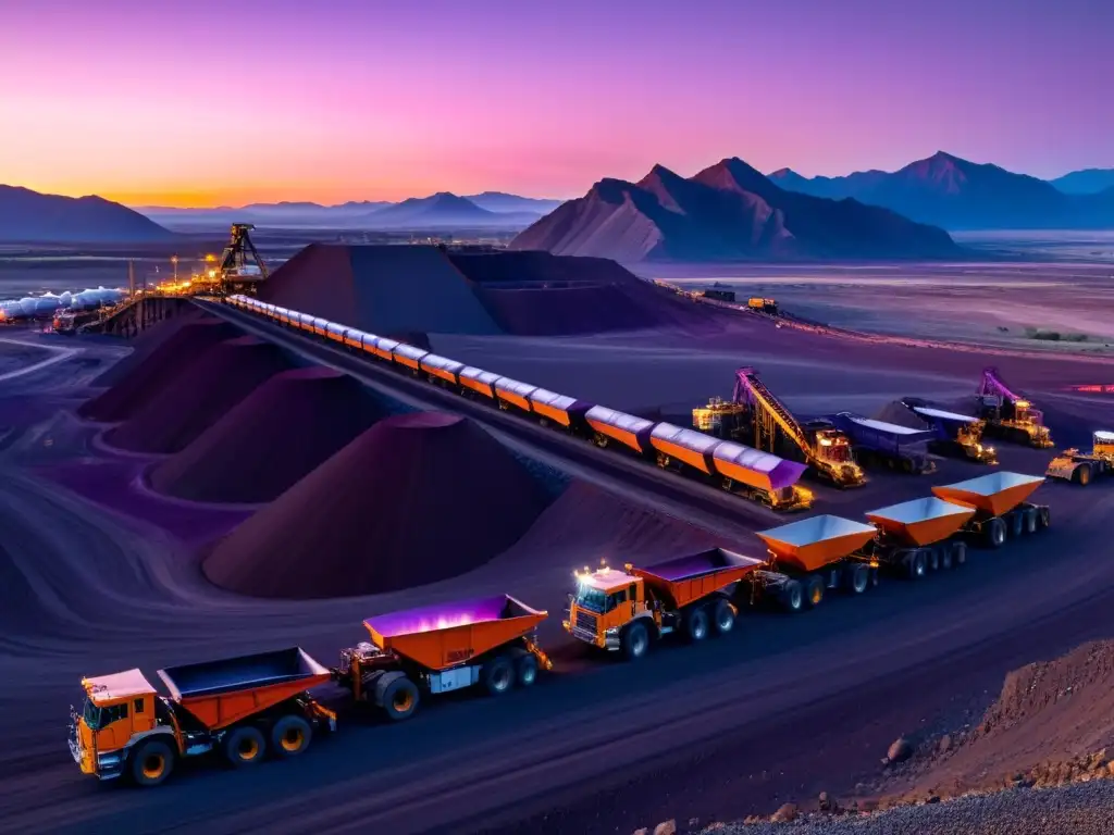 Minería al atardecer: belleza industrial en la naturaleza Vista panorámica de una imponente operación minera al atardecer, con maquinaria masiva y el sol poniéndose detrás de montañas escarpadas