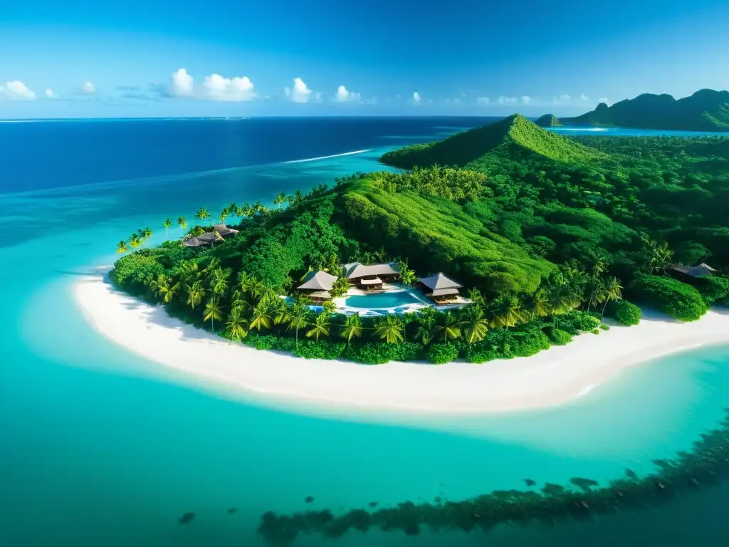 Paraíso de lujo: isla tropical, playas blancas, aguas turquesas Vista panorámica de una lujosa isla tropical con playas de arena blanca, aguas turquesas y villas de lujo frente al mar