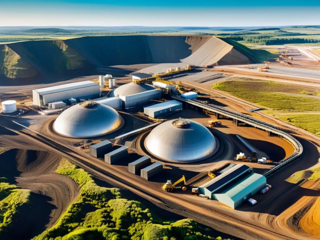 Minería moderna: impacto en la naturaleza Vista panorámica de moderna operación minera y maquinaria a gran escala en paisaje natural dramático