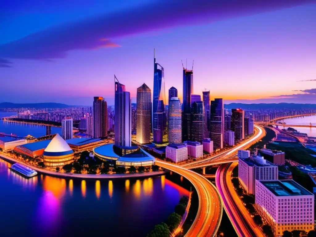 Horizonte urbano moderno al atardecer: luces y arquitectura Vista panorámica de una moderna ciudad al anochecer, con un entramado de autopistas iluminadas entre rascacielos