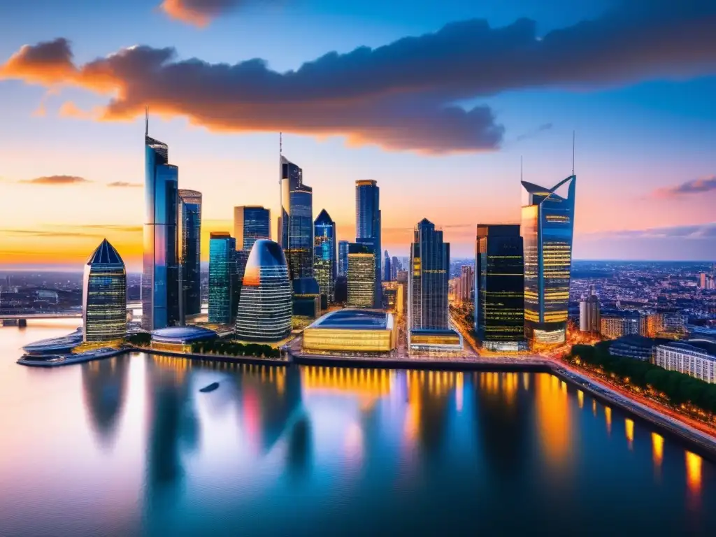 Impacto del Brexit en software de impuestos en la ciudad al atardecer Vista panorámica de una moderna ciudad al atardecer, con rascacielos iluminados y reflejados en el agua