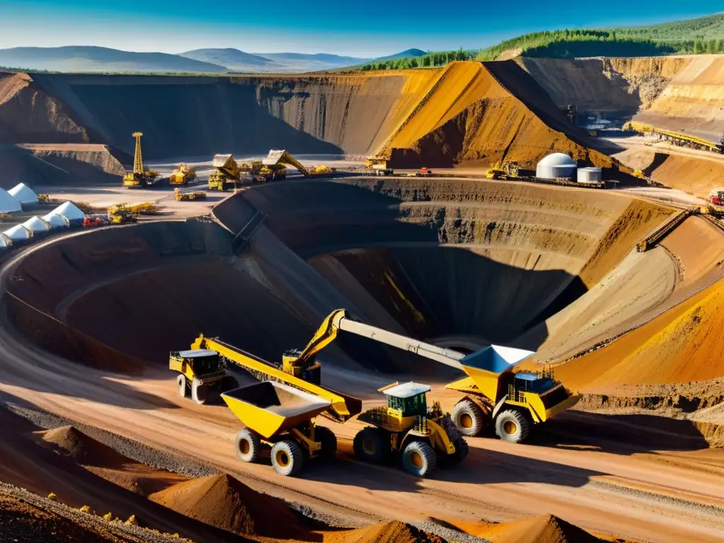 Minería moderna en acción: maquinaria y paisaje Vista panorámica de una moderna operación minera con maquinaria y trabajadores en movimiento