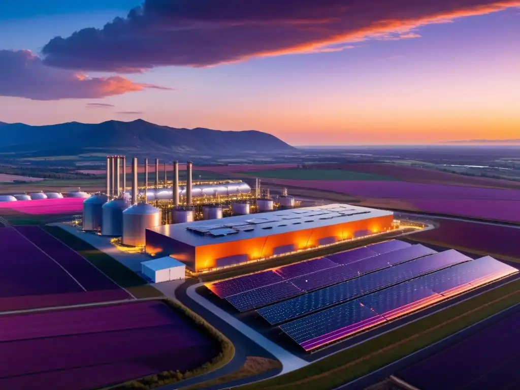 Planta de energía moderna al atardecer: paisaje futurista y belleza natural Vista panorámica de una moderna planta energética al atardecer, con cálida luz iluminando paneles solares y turbinas eólicas