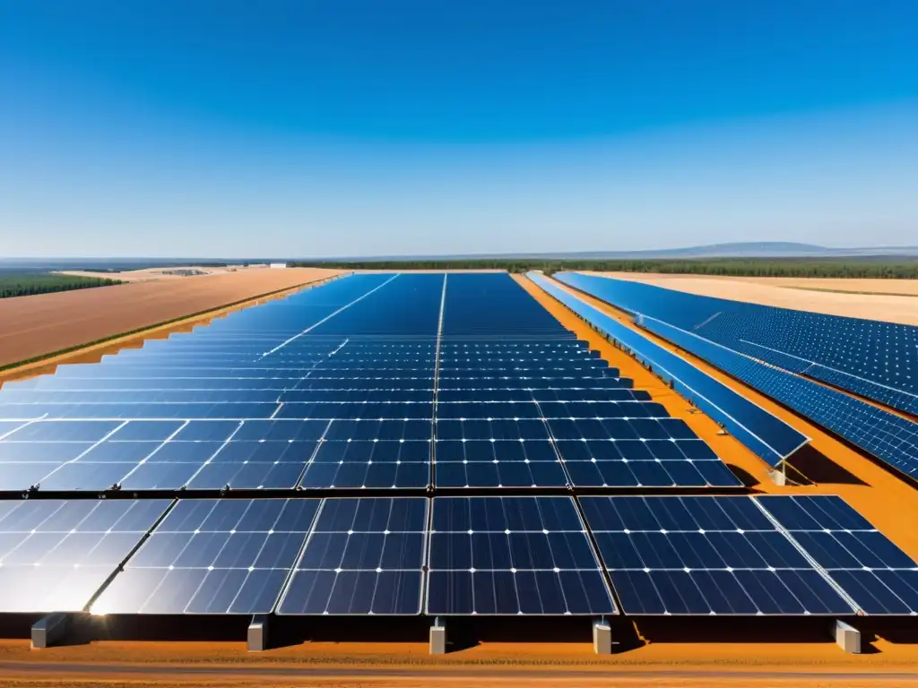 Planta solar futurista: innovación energética Vista panorámica de una moderna planta solar capturando la energía del sol con paneles reflectantes bajo un cielo azul