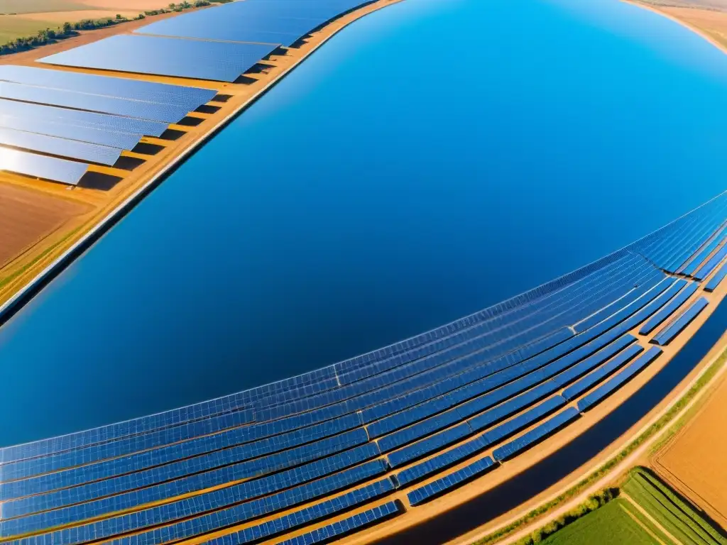 Planta solar: eficiencia renovable en acción Vista panorámica de una moderna planta solar, con paneles relucientes bajo el sol y cielos azules