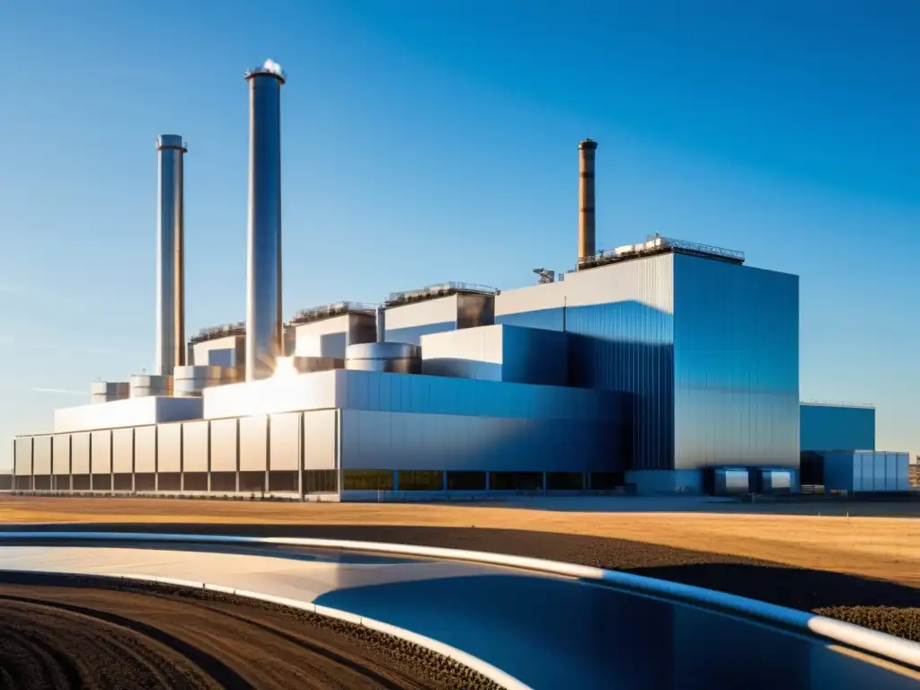 Planta de energía moderna: precisión y tecnología Vista panorámica de una moderna planta eléctrica con diseño sofisticado y maquinaria avanzada, bajo un cielo azul