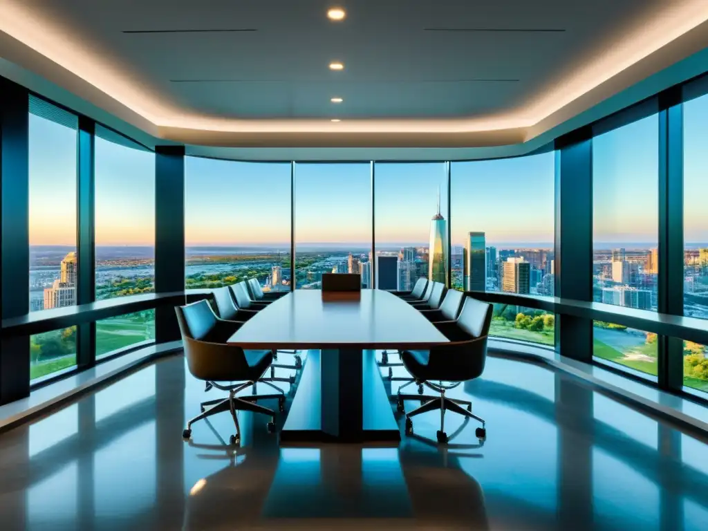 Sala de juntas moderna con vista panorámica a la ciudad Vista panorámica de una moderna sala de juntas con mobiliario minimalista y ventanas de piso a techo con impresionante vista a la ciudad