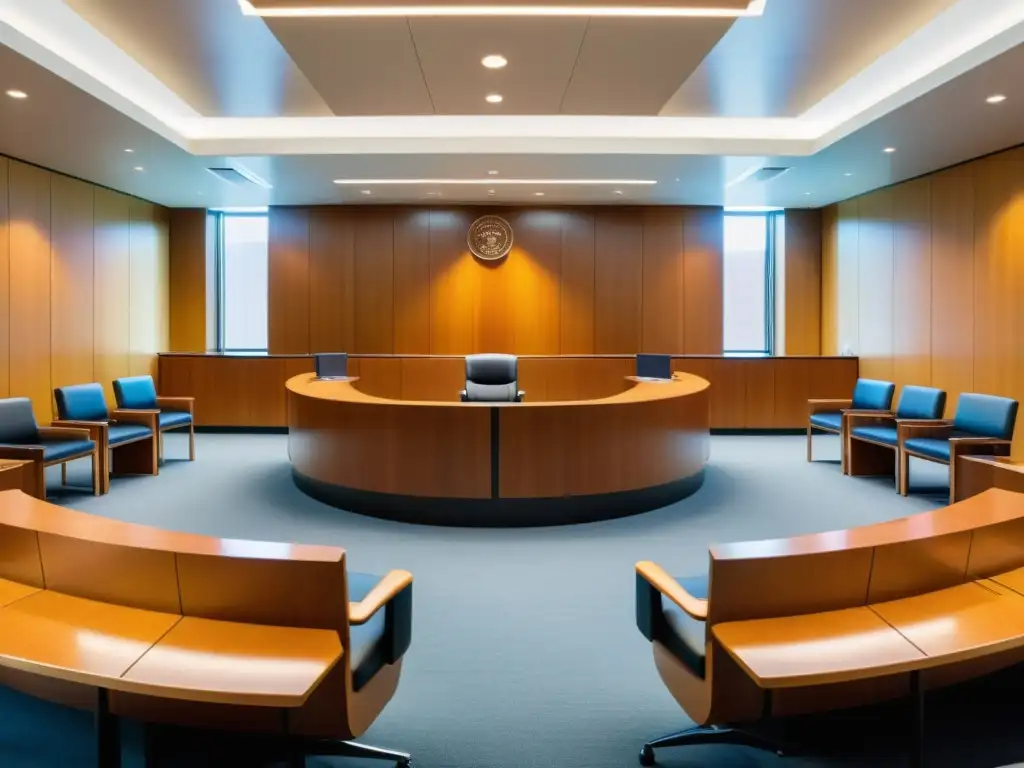 Sala de Tribunales Moderna: Leyes fiscales en acción Vista panorámica de una moderna sala de tribunal iluminada naturalmente, con profesionales debatiendo, bancos de madera pulida y una pantalla digital mostrando jurisprudencia tributaria casos reales