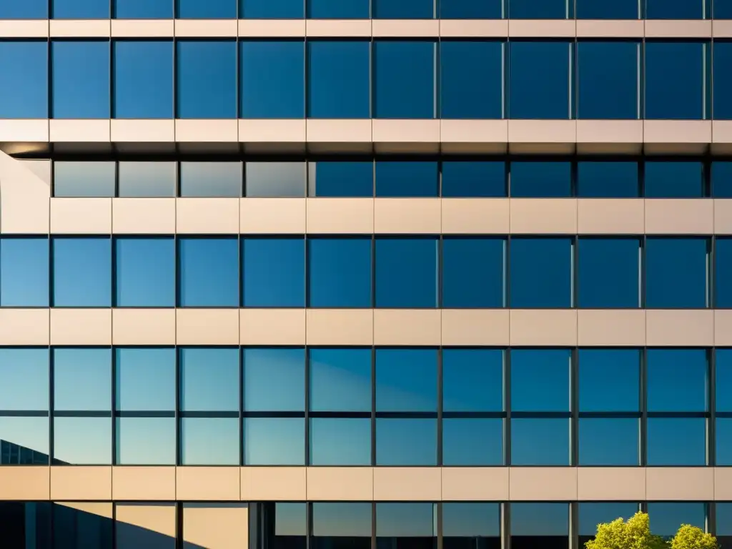 Edificio moderno de vidrio en el corazón urbano Vista panorámica de un moderno edificio de oficinas con reflejos de la ciudad