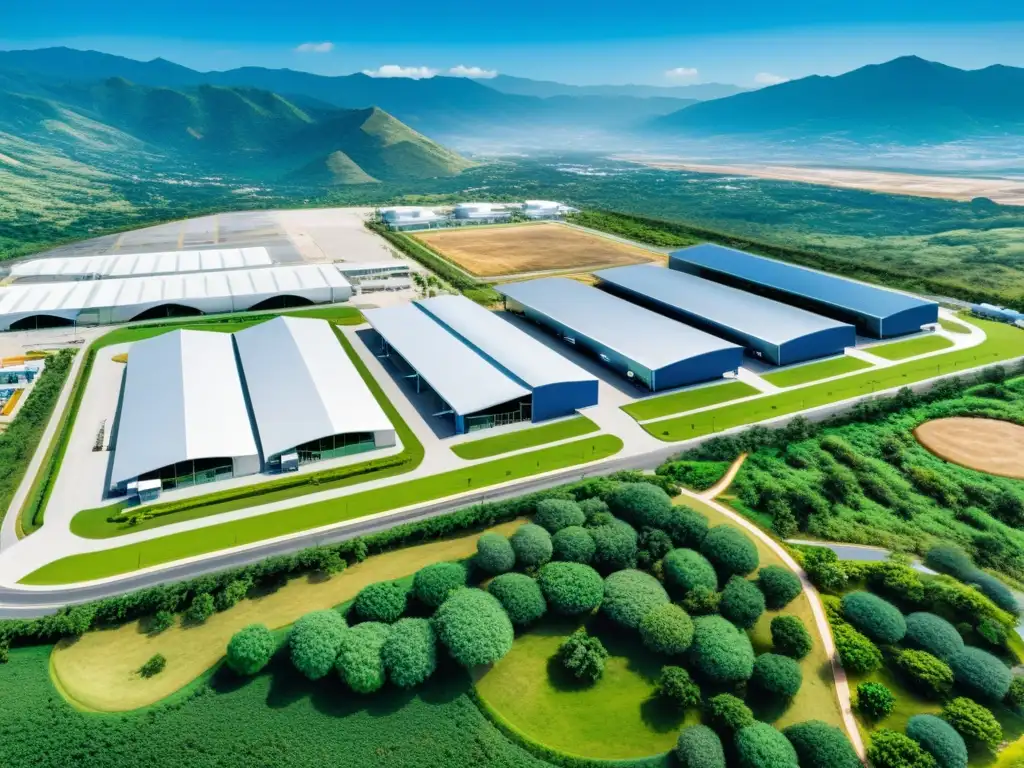 Parque industrial vanguardista en Colombia: modernidad y naturaleza Vista panorámica de un moderno parque industrial en Colombia, rodeado de exuberante vegetación