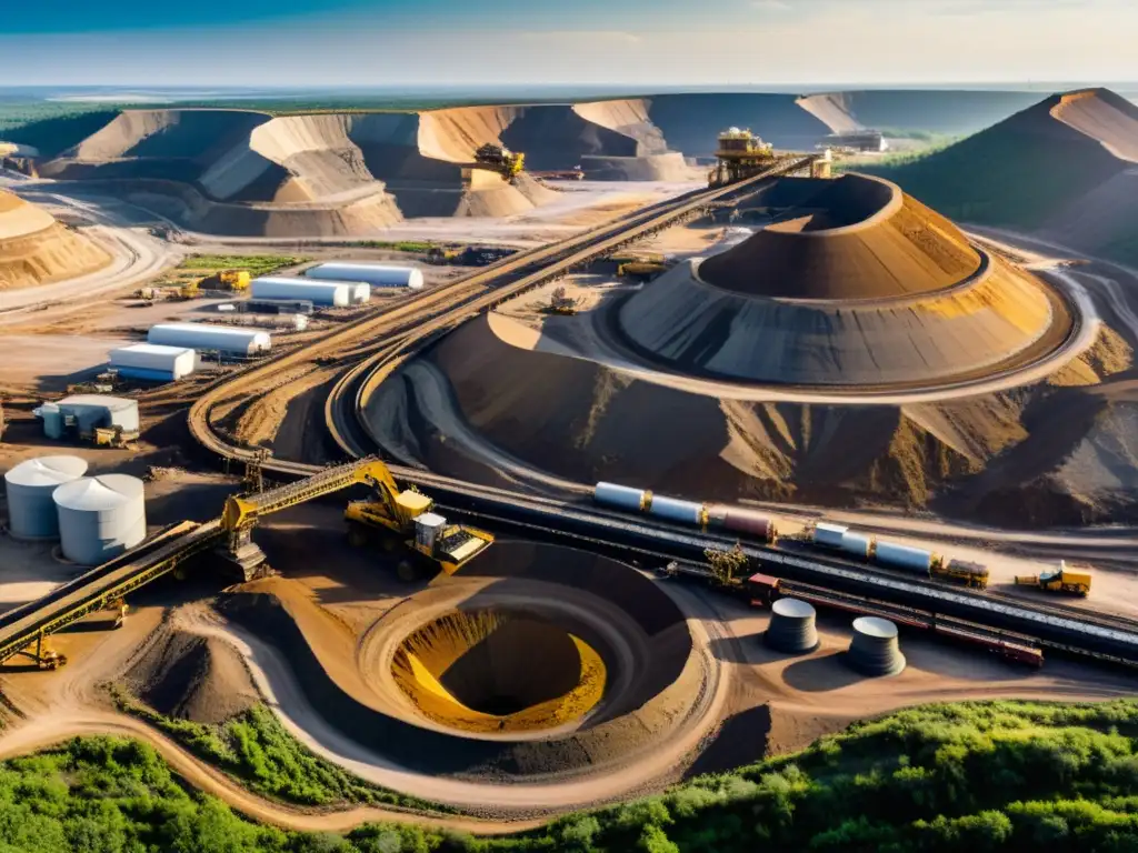 Operación minera moderna: maquinaria pesada y paisajes salvajes Vista panorámica de una operación minera moderna, con maquinaria pesada y paisajes naturales, destacando los Acuerdos de doble imposición minería