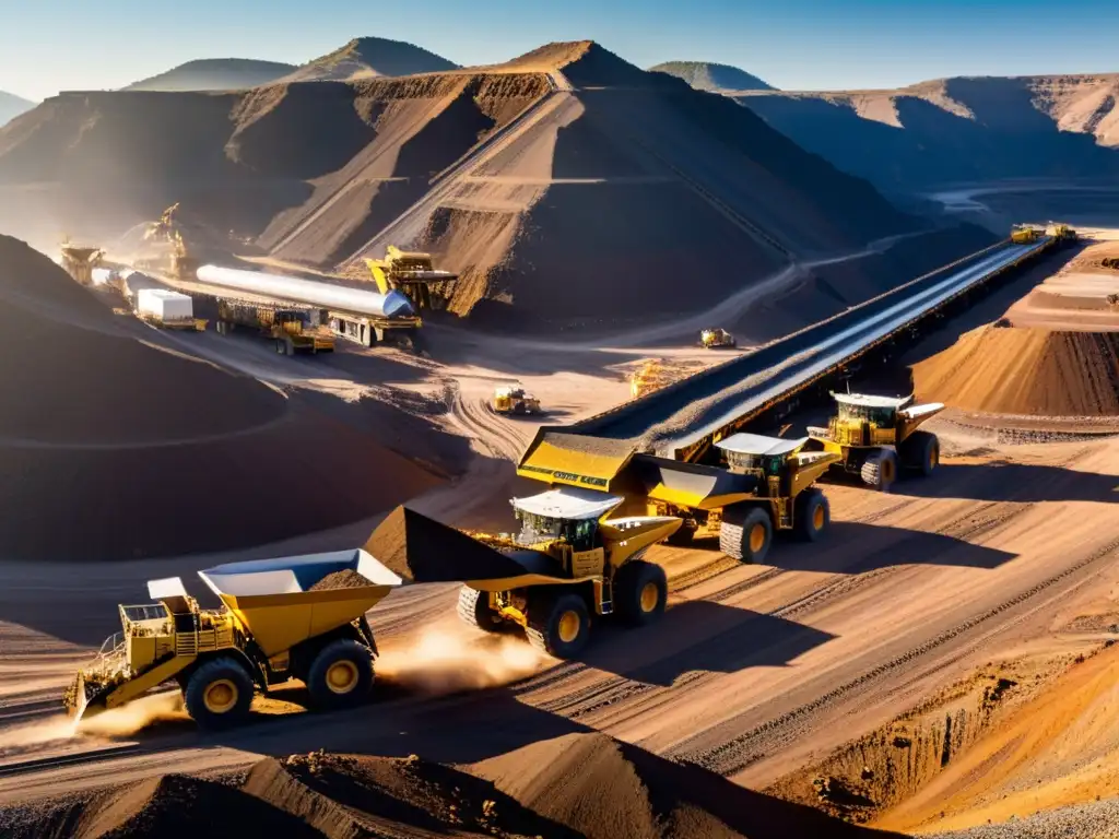 Minería moderna: maquinaria imponente en terreno montañoso Vista panorámica de una operación minera moderna, maquinaria imponente y vehículos trabajando en terreno montañoso