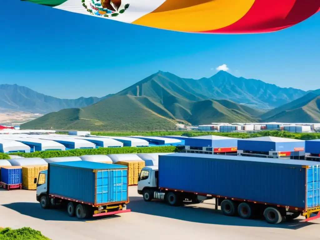 Parque industrial en México: productividad y crecimiento económico Vista panorámica de un parque industrial en México, con fábricas modernas y trabajadores cargando mercancía