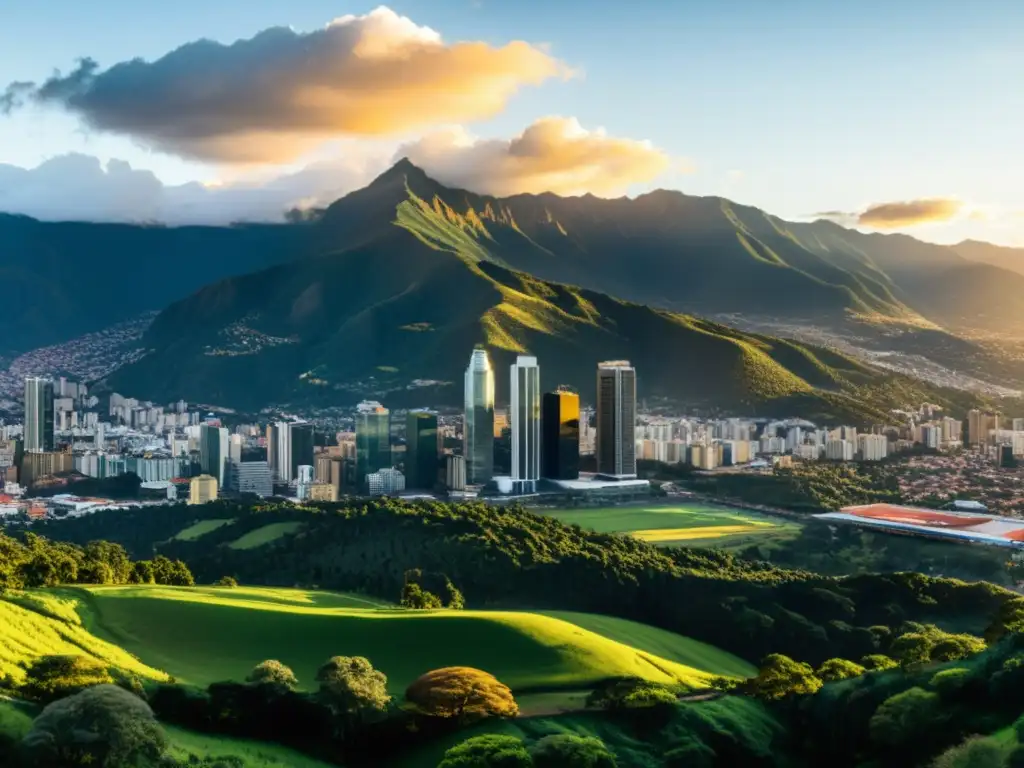 Espléndido atardecer en el skyline moderno de Bogotá Vista panorámica de Bogotá, Colombia, con rascacielos modernos reflejando la luz dorada del atardecer