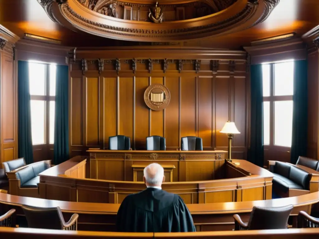Sala de tribunal: autoridad y profesionalismo en imagen Vista panorámica de una sala de audiencias con luz natural cálida