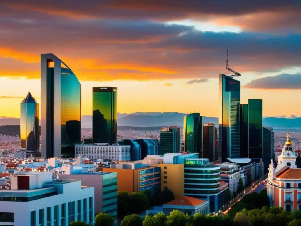 Panorama de Madrid al atardecer: modernidad y actividad Vista panorámica del skyline de Madrid al atardecer, con los modernos rascacielos del distrito financiero iluminados contra un cielo colorido