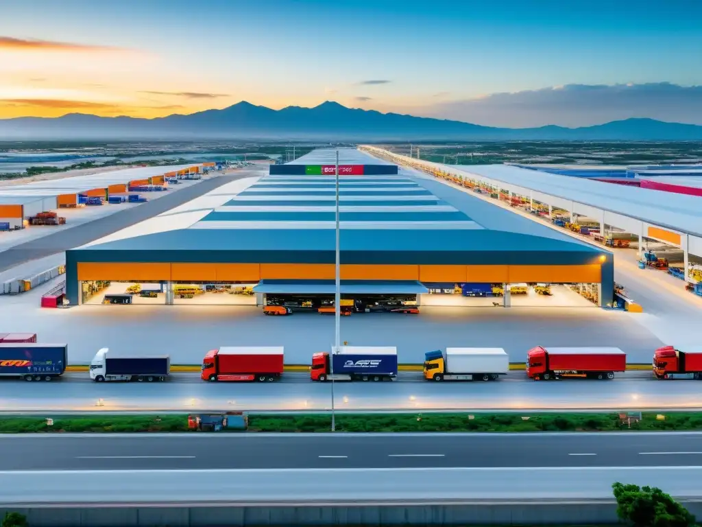 Zona de libre comercio: Moderna infraestructura industrial en México Vista panorámica de una zona franca industrial moderna en México, con arquitectura futurista y logística avanzada