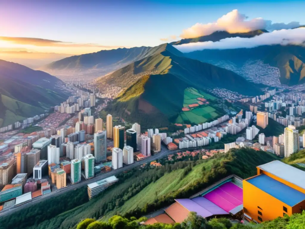 Horizonte dinámico de Bogotá, Colombia al amanecer Vista de Bogotá, Colombia al amanecer, con rascacielos modernos y mercados callejeros vibrantes