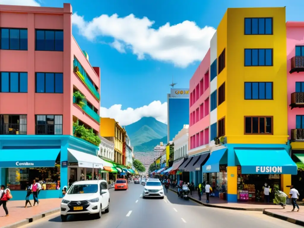 Escena urbana colombiana: comercio moderno y bullicioso Vista urbana de una bulliciosa calle en Colombia, destacando el dinámico escenario del comercio electrónico y minorista