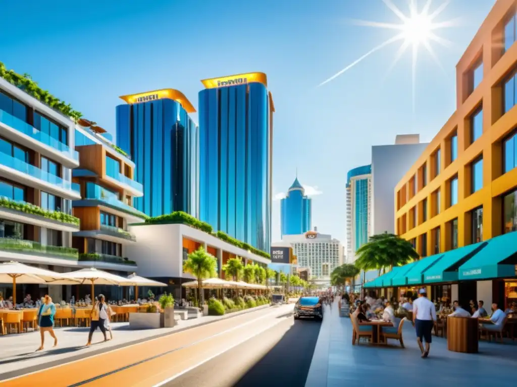 Escena vibrante: turismo moderno en 8K Vista urbana moderna con negocios y turistas, reflejando la fiscalidad en el sector turístico