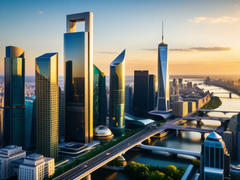 Vibrante ciudad moderna con impacto fiscal Vista urbana moderna con rascacielos altos y arquitectura futurista, simbolizando la importancia de las columnas fiscales en el debate contemporáneo