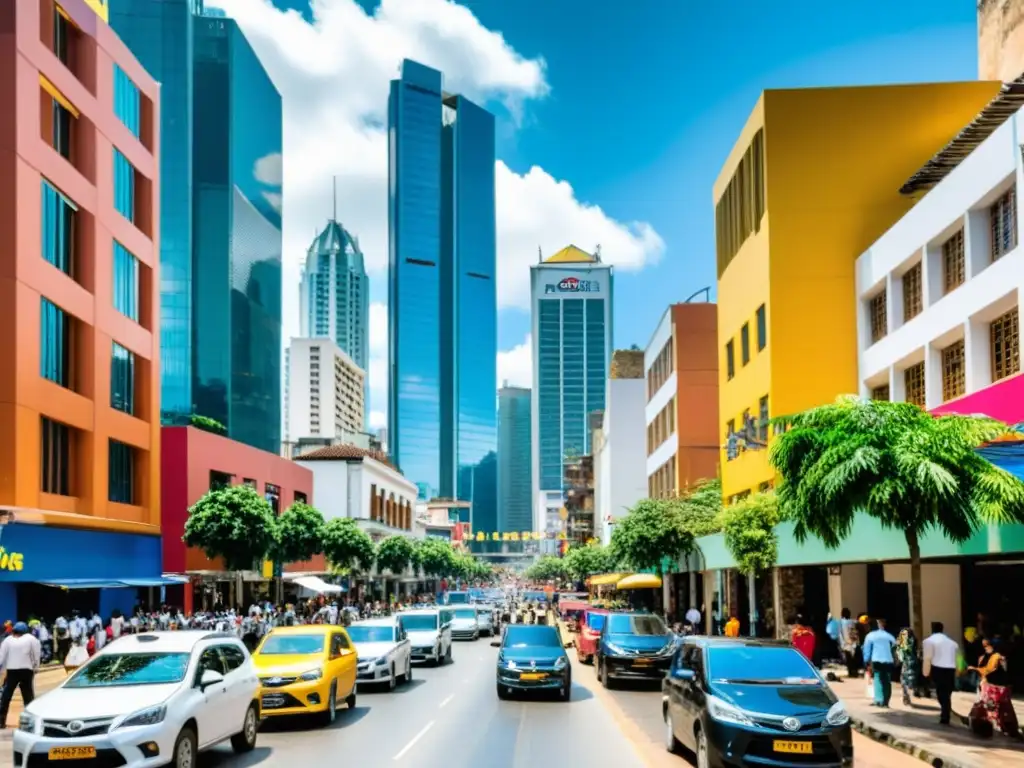 Vibrante vida urbana en Colombia: impacto del impuesto a la riqueza Vista urbana de Colombia con rascacielos, tráfico y actividad comercial