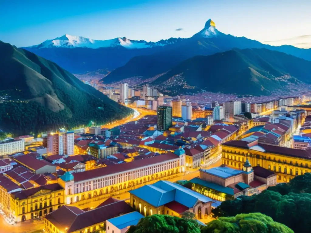 Vibrante Bogotá: Impuesto y modernidad Vista vibrante de Bogotá, con arquitectura moderna y montañas de los Andes, simbolizando la fiscalidad local en Colombia