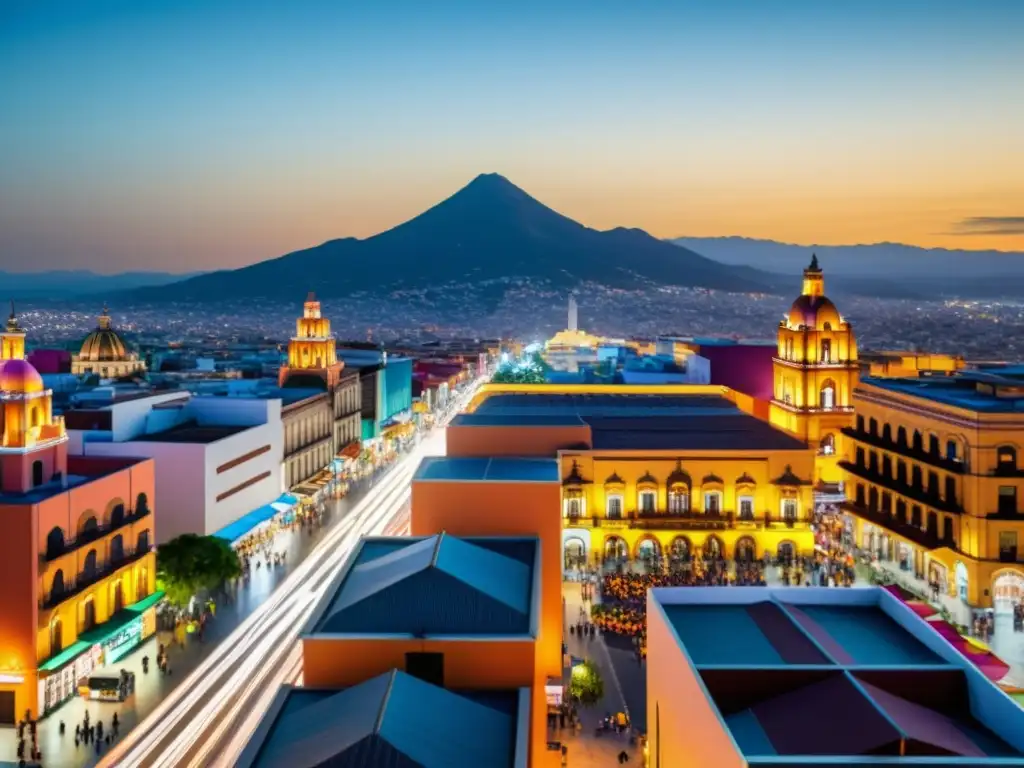 Horizonte vibrante: Ciudad moderna de México en pleno auge económico Vista vibrante de la ciudad de México, con rascacielos iluminados y bulliciosa calle