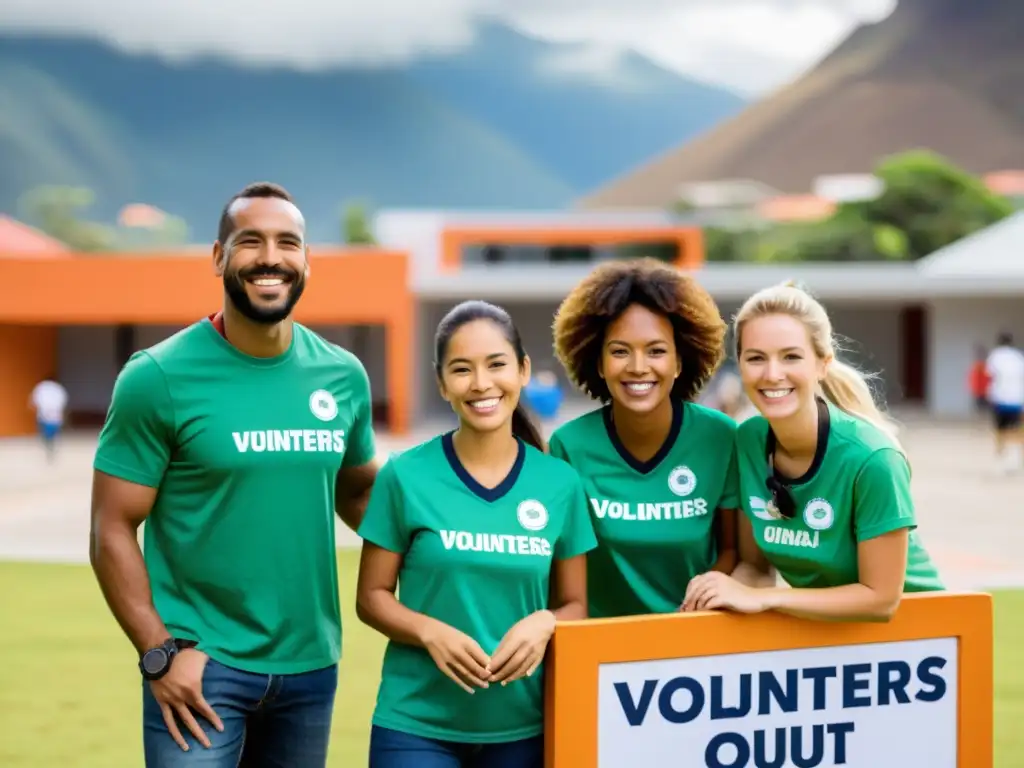 Voluntarios sonrientes en centro comunitario: impacto positivo Voluntarios sonrientes apoyando en centro comunitario con arquitectura moderna al fondo, transmitiendo impacto positivo y colaboración